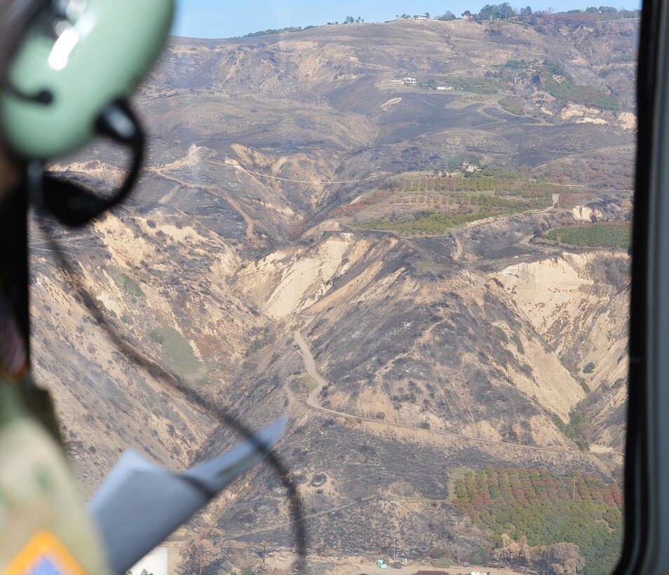 Burn scars on the mountainsides overlooking Santa Barbara County can be seen Jan. 18 from a UH-60 Blackhawk helicopter.