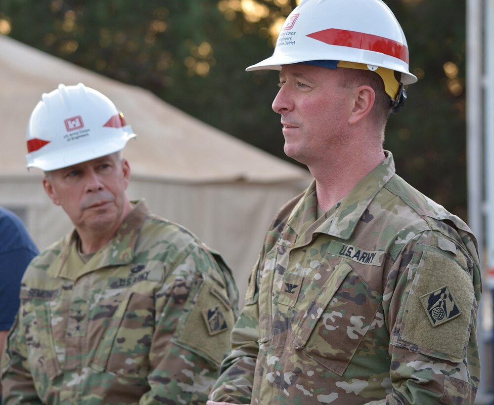 Lt. Gen. Todd Semonite, commanding general, U.S. Army Corps of Engineers, left, and Col. Kirk Gibbs, U.S. Army Corps of Engineers Los Angeles District commander, right, talk to members of the media during a joint press conference with other local, state and federal officials Jan. 18 in Montecito, California.