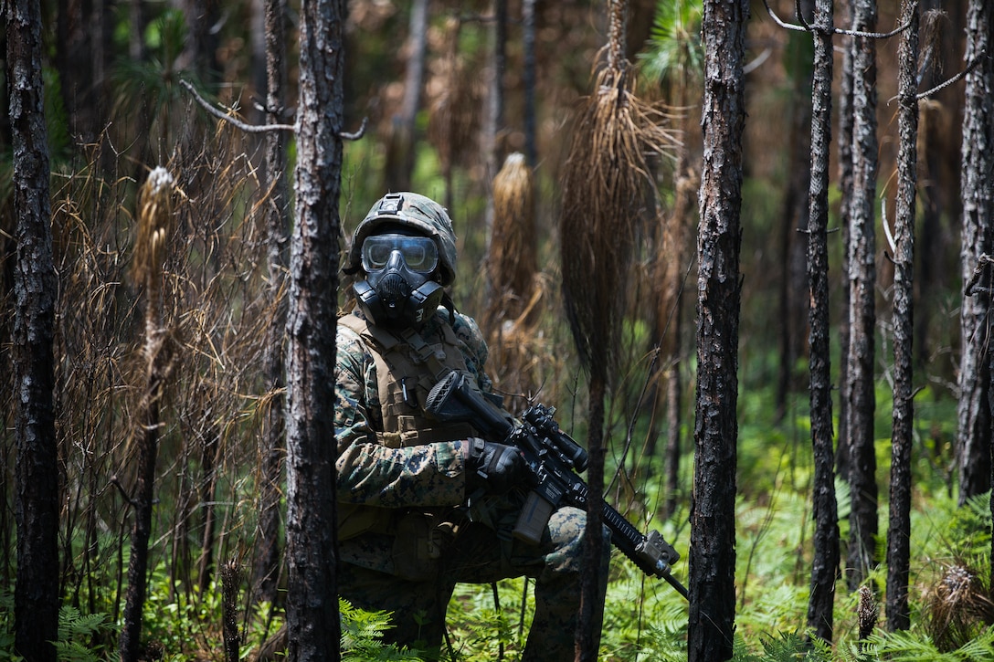 Lance Cpl. Joshua Hill, an infantry Marine with India Company, 3rd Battalion, 8th Marine Regiment, 2nd Marine Division stands by to move away from CS gas during Marine Corps Combat Readiness Evaluation on Camp Lejeune, N.C., May 11, 2018.