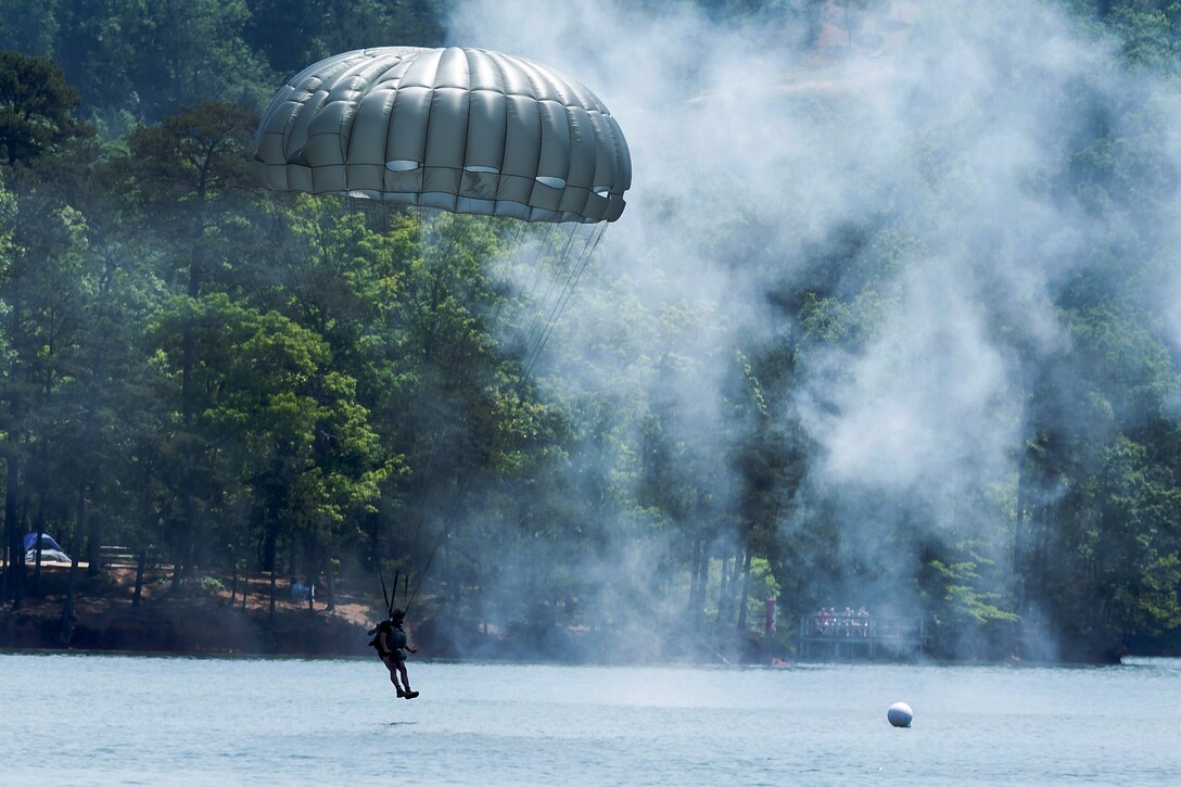 A soldier prepares to splash down in Lake Lanier.