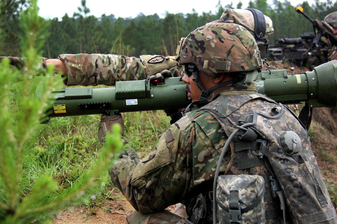 A soldier prepares to fire an AT4 rocket launcher.