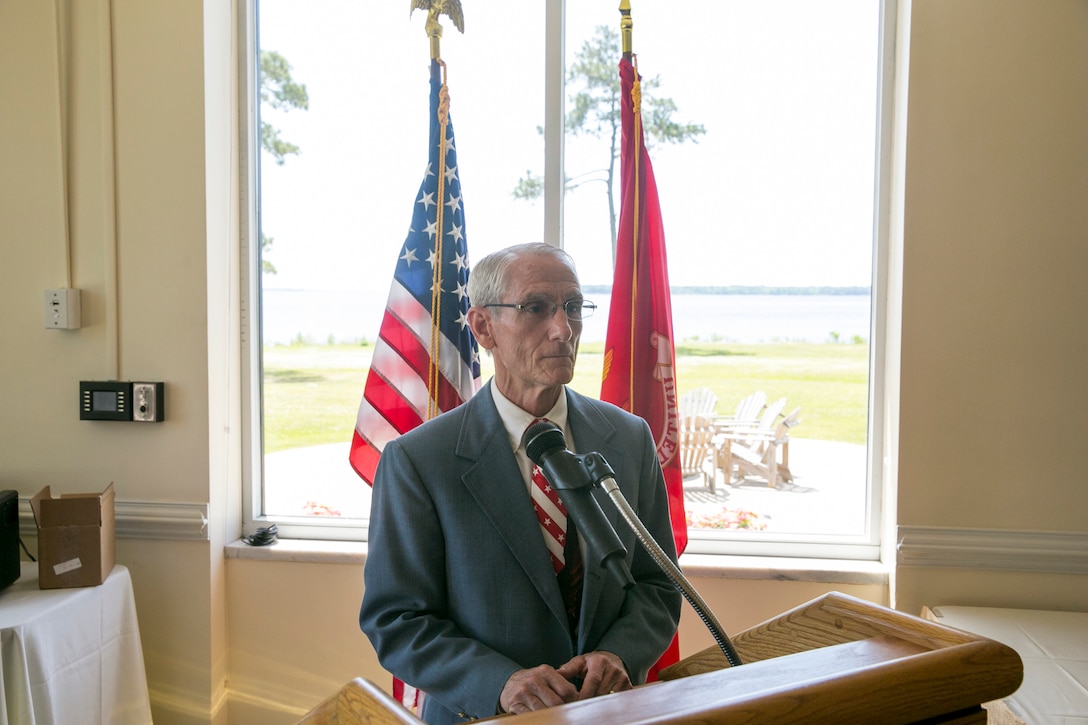 Navy Capt. Chaplain Joseph Capper (ret.) addresses event participants as a guest speaker during the National Day of Prayer event at the Officer's Club on Marine Corps Air Station New River, May 3. The National Day of Prayer takes place every year on the first Thursday of May. (U.S. Marine Corps photo by Lance Cpl. Nicholas Lubchenko)