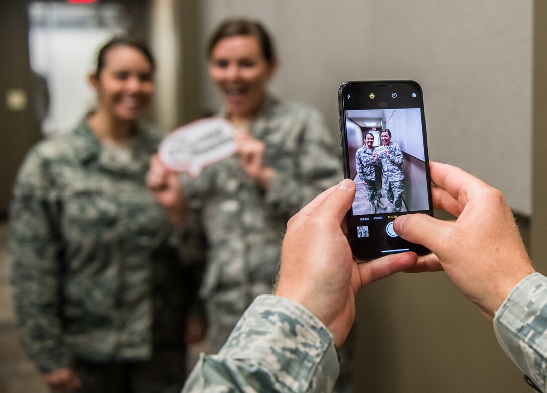 Citizen Airmen, with the 932nd Airlift Wing, use social media and hashtags to proclaim their support to prevent sexual assault during Sexual Assault and Response (SAPR) training, May 5, 2018, Scott Air Force Base, Illinois.  (U.S. Air Force photo by Master Sgt. Christopher Parr)