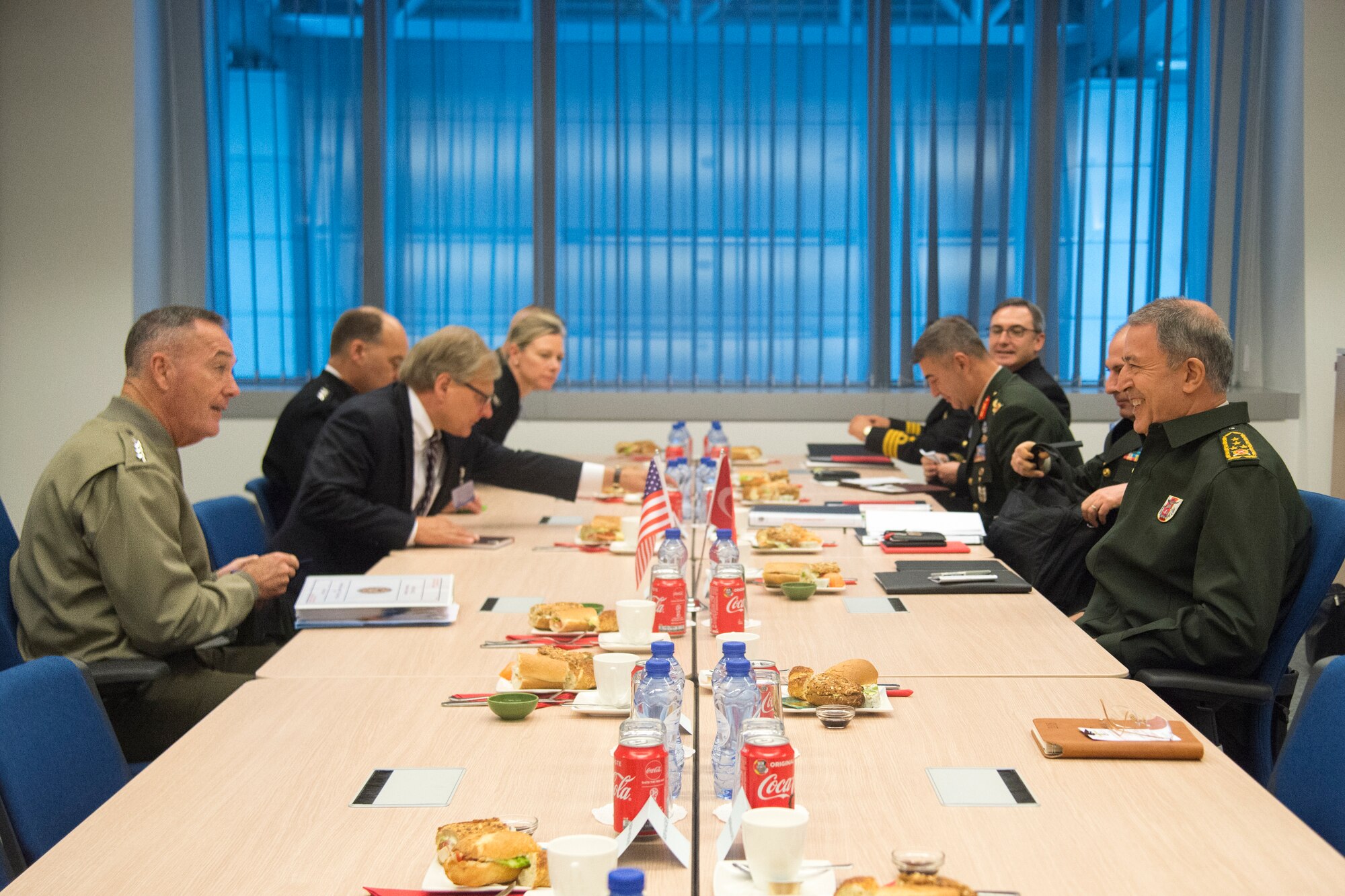 Chairman of the Joint Chiefs of Staff Gen. Joseph F. Dunford, Jr., meets with Chief of the Turkish General Staff General Hulusi Akar in Brussels, Belgium, May 16, 2018.