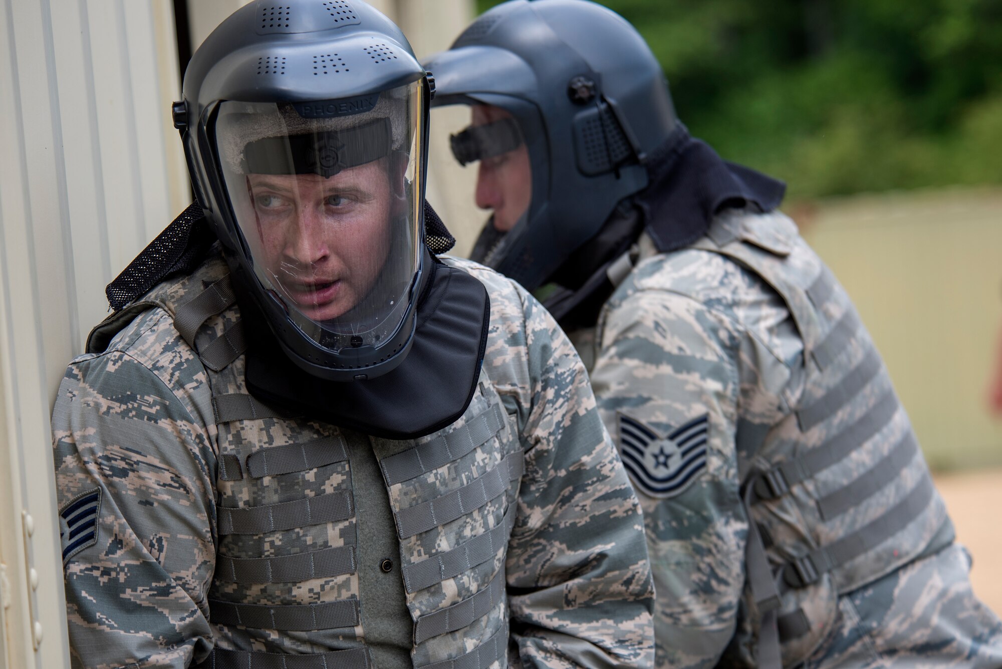 Staff Sgt. Ian McLeod, 4th Civil Engineer Squadron dorm leader, prepares to enter a house with his teammates during a shoot house competition, May 15, 2018, at Seymour Johnson Air Force Base, North Carolina.