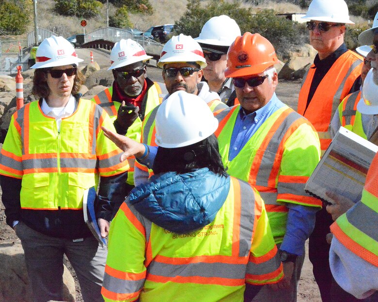 Tom Fayram, director of the Flood Control District for Santa Barbara County, speaks with representatives from FEMA and the U.S. Army Corps of Engineers Los Angeles District during a Feb. 27 meeting at the Santa Monica Basin in Santa Barbara County, California.