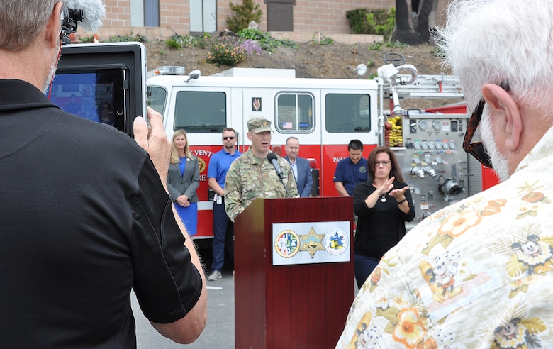 Maj. Scotty Autin, deputy commander for the U.S. Army Corps of Engineers Los Angeles District, briefs the media about the Corps’ Santa Barbara Debris Removal Mission May 11 in Ventura, California. Autin was one of several speakers who gave an update about the debris removal efforts in southern California, following the Thomas Wildfire in December and the Jan. 9 mudslide in Montecito, California.