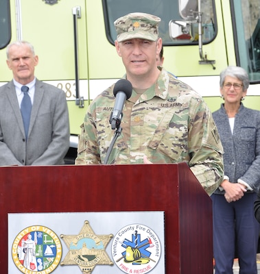 Maj. Scotty Autin, deputy commander for the U.S. Army Corps of Engineers Los Angeles District, briefs the media about the Corps’ Santa Barbara Debris Removal Mission May 11 in Ventura, California. Autin was one of several speakers who gave an update about the debris removal efforts in southern California, following the Thomas Wildfire in December and the Jan. 9 mudslide in Montecito, California.