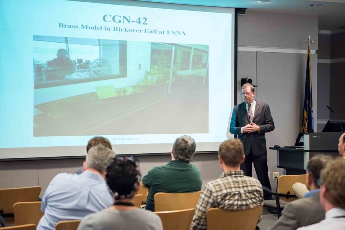 James Harrison, division director for the Expeditionary Warfare Ships Division at Naval Sea Systems Command (NAVSEA 05D3), speaks at Naval Surface Warfare Center, Carderock Division, on May 9, 2018, in West Bethesda, Md. (U.S. Navy photo by Jake Cirksena/Released)