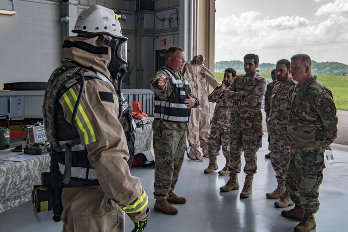 Members of the West Virginia Army National Guard National Guard Chemical, Biological, Radiological, Nuclear and High Yield Explosive Enhanced Response Force Package demonstrate some of the equipment they use to the Qatar defense attache at McLaughlin Air National Guard Base, Charleston, W.Va.