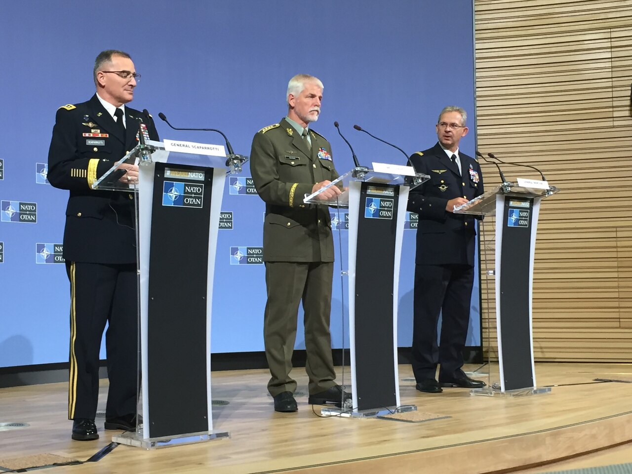 Left to right, U.S. Army Gen. Curtis M. Scaparrotti, NATO’s supreme allied commander for Europe; Gen. Petr Pavel of the Czech army, chairman of the NATO Military Committee; and Gen. Denis Mercier of the French air force, NATO’s supreme allied commander for transformation, brief reporters on the NATO Military Committee meeting in Brussels.