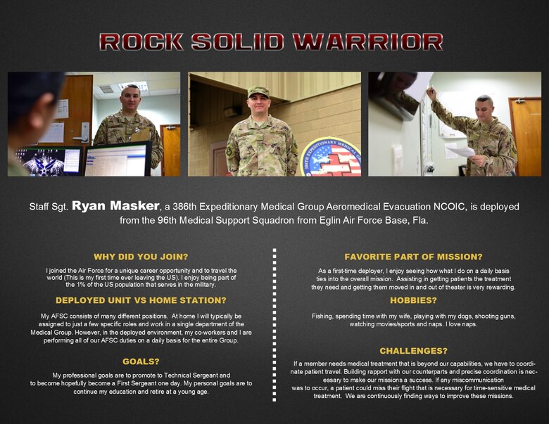 This week's Rock Solid Warrior is Staff Sgt. Ryan Masker, 386th Expeditionary Medical Group aeromedical evacuation Non-Commissioned Officer in Charge. Masker is deployed here from the 96th Medical Support Squadron from Eglin Air Force Base, Fla. The Rock Solid Warrior program is a way to recognize and spotlight the Airmen of the 386th Air Expeditionary Wing for their positive impact and commitment to the mission. (U.S Air Force graphic by Staff Sgt. Christopher Stoltz)