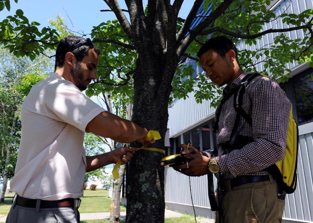 Thurgood Marshall College Fund student James Reed (right)
conducting a GIS inventory of trees and real property assets during his internship with the Information Directorate at Rome Laboratory. (Photo from Rome Laboratory)