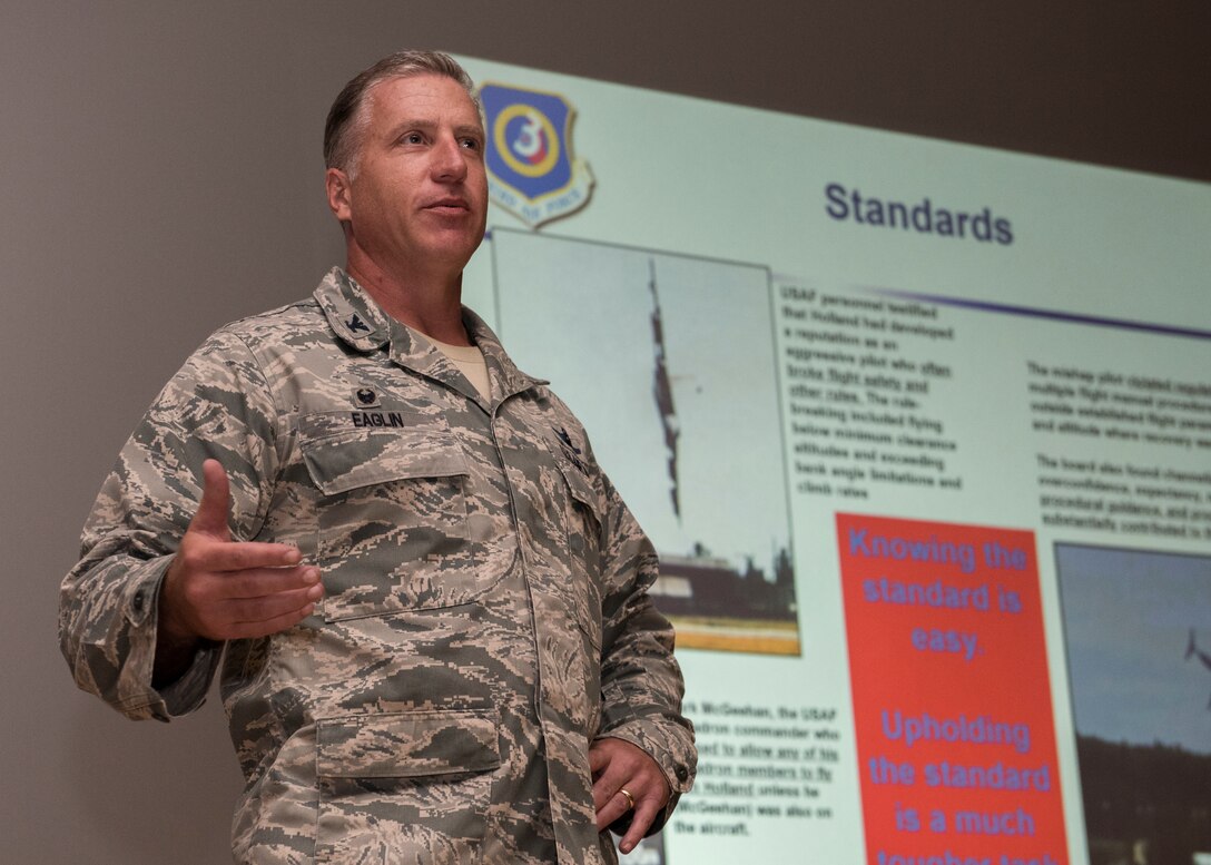 U.S. Air Force Col. David Eaglin, 39th Air Base Wing commander, speaks with Airmen during an operational safety review all-call at Incirlik Air Base, Turkey, May 15, 2018.