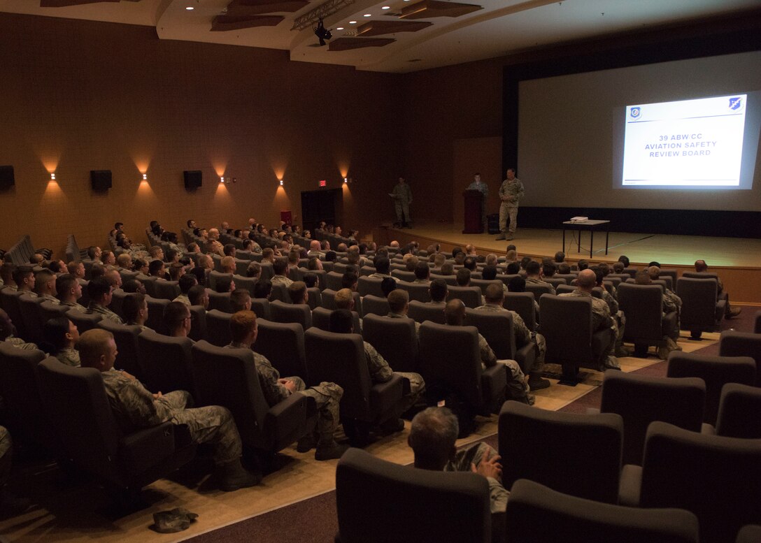U.S. Air Force Airmen attend an operational safety review all-call at Incirlik Air Base, Turkey, May 15, 2018.