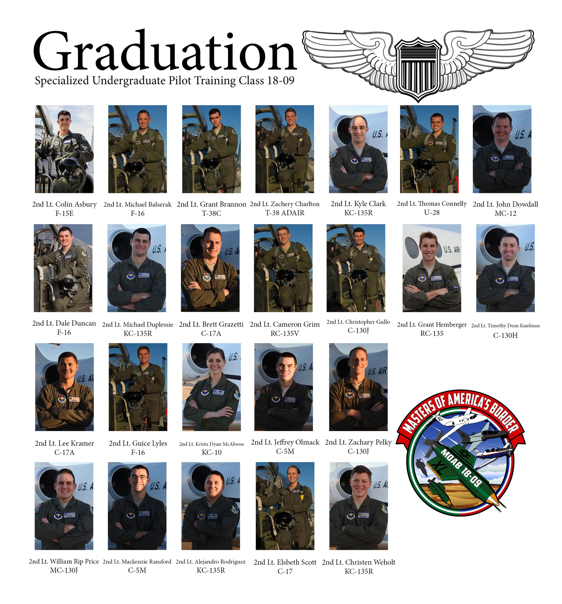 Specialized Undergraduate Pilot Training Class 18-09 graduates after 52 weeks of training at Laughlin Air Force Base, Texas, May 18, 2018. Laughlin is the home of the 47th Flying Training Wing, a pilot training base that produces more than 300 military aviators annually. (U.S. Air Force graphic by Airman 1st Class Marco A. Gomez)