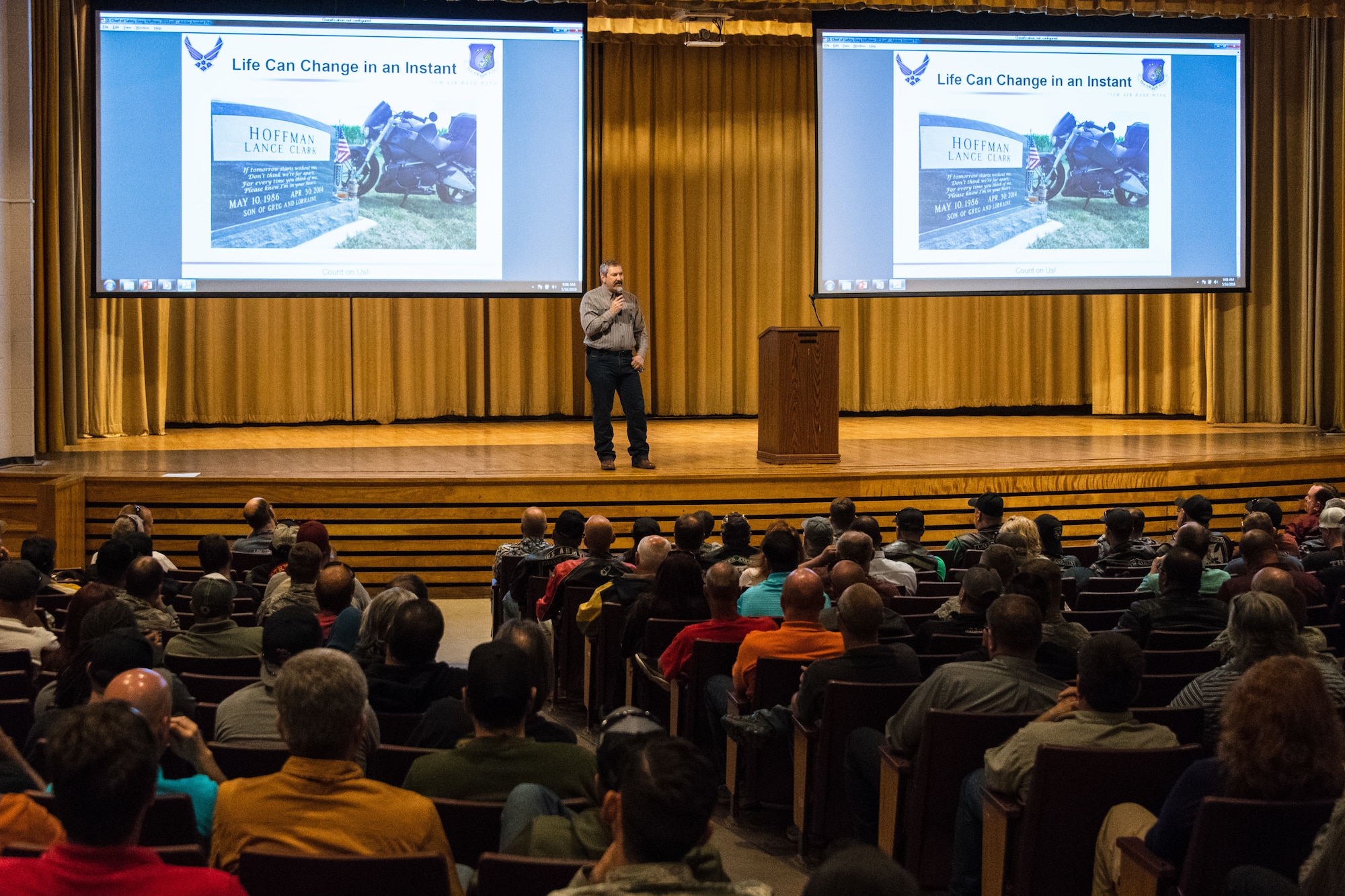 Greg Hoffman, 75th Air Base Wing chief of safety, speaks during the 4th annual Motorcycle Rodeo May 16, 2018, at Hill Air Force Base, Utah. The briefing covered subjects ranging from bike inspections, personal protective equipment, riding skills, and licensing and registration information for on- and off-base riders. (U.S. Air Force photo by R. Nial Bradshaw)