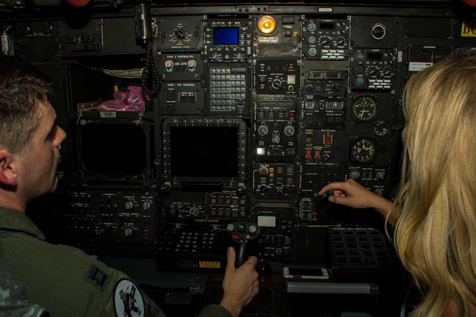 U.S. Air Force Capt. Kyle Allen, 11th Bomb Squadron pilot, shows Nicole Smith, Miss Arizona USA 2018, the flight deck of a B-52 Stratofortress at Barksdale Air Force Base, Louisiana, May 15, 2018.