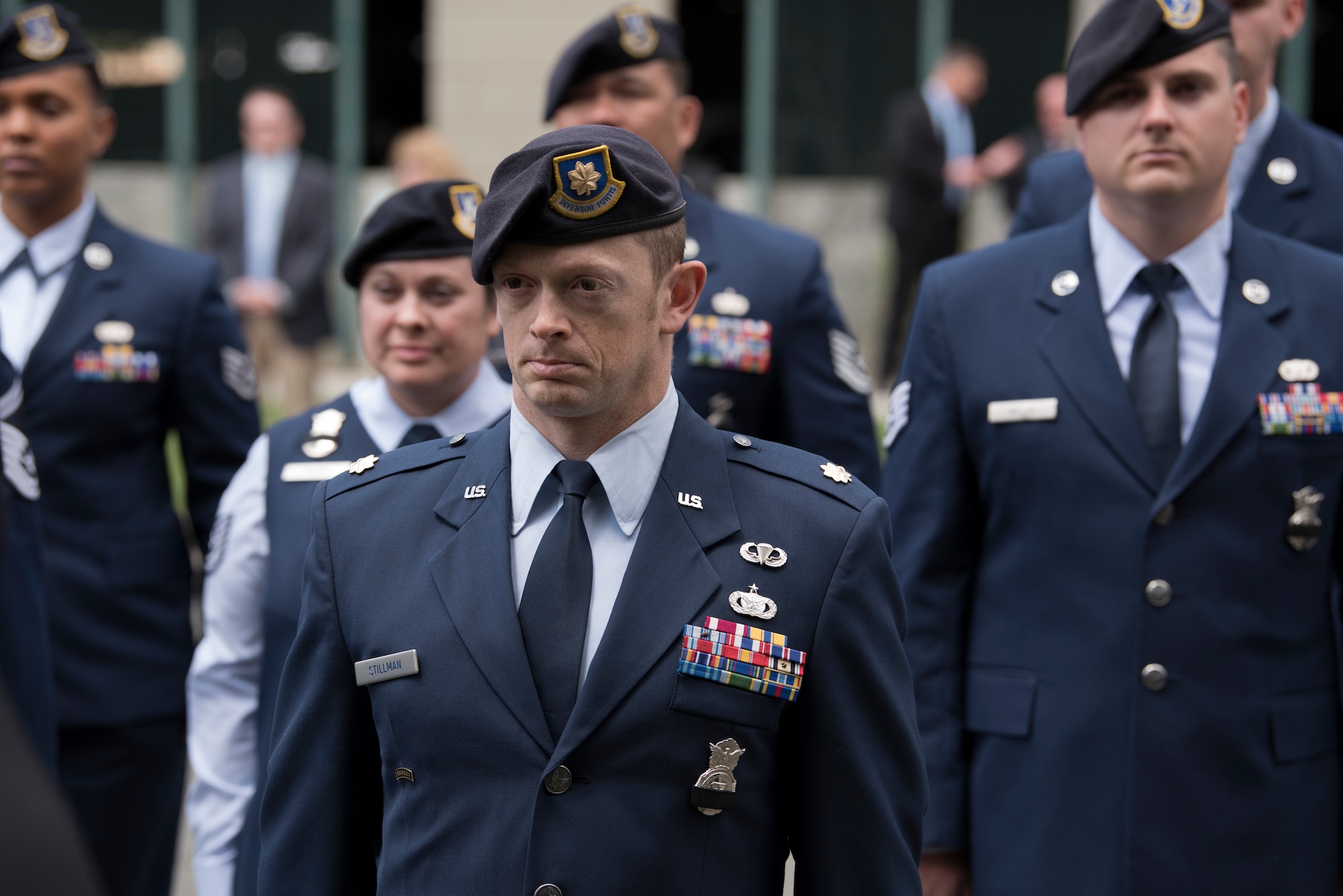 Maj. Matthew Stillman, 60th Security Forces Squadron acting commander, leads a formation of security forces Airmen as they stand at attention during the 29th Annual Peace Officer’s Memorial Ceremony in Fairfield, Calif., May 16, 2018. Nearly a dozen security forces members participated in the ceremony to honor fallen peace officers. (U.S. Air Force photo by Tech. Sgt. James Hodgman)