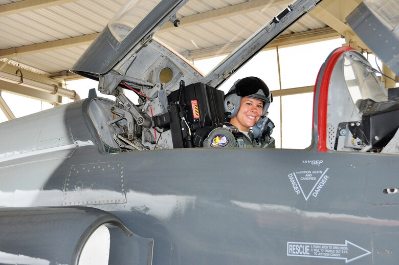 Master Sgt. Valerie Valdez (rear seat) receives an incentive flight during 2018 Cobra in the Clouds exercise. (U.S. Air Force photo by Janis El Shabazz)