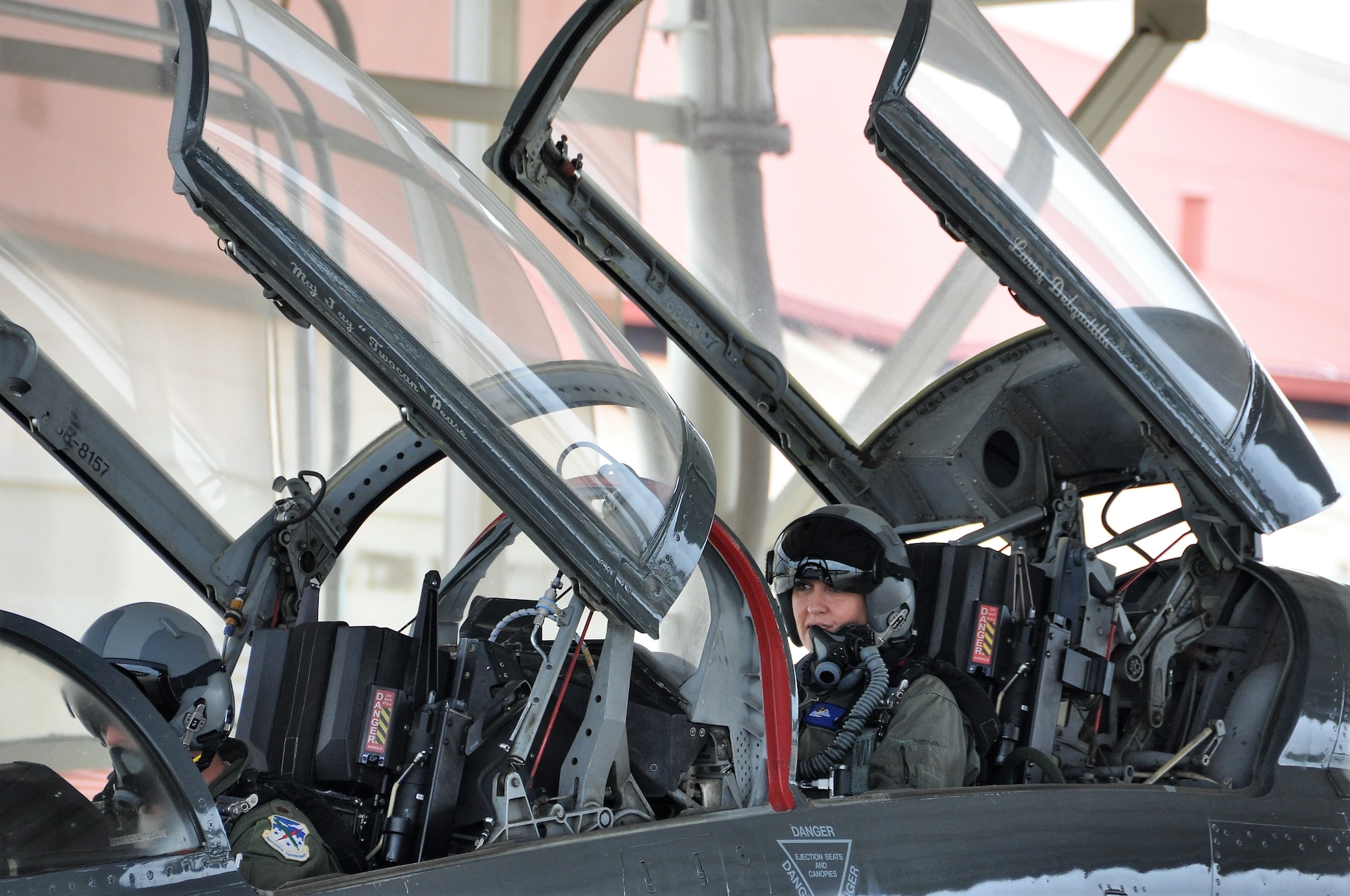 Master Sgt. Lara Harris (rear seat) receives an incentive flight during 2018 Cobra in the Clouds exercise. (U.S. Air Force photo by Janis El Shabazz)