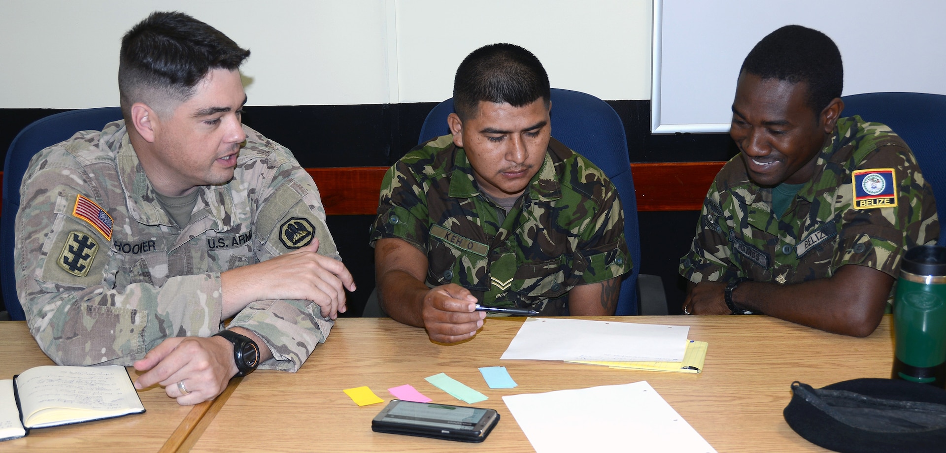 Maj. Terry Vallarautto (left), U.S. Army Louisiana National Guard, participates in a table top exercise with Sgt. Robert Jones (center) and soldiers from the Belize Defence Force during an Energy and Water Conservation Policy Subject Matter Exchange in Belize City May 8.