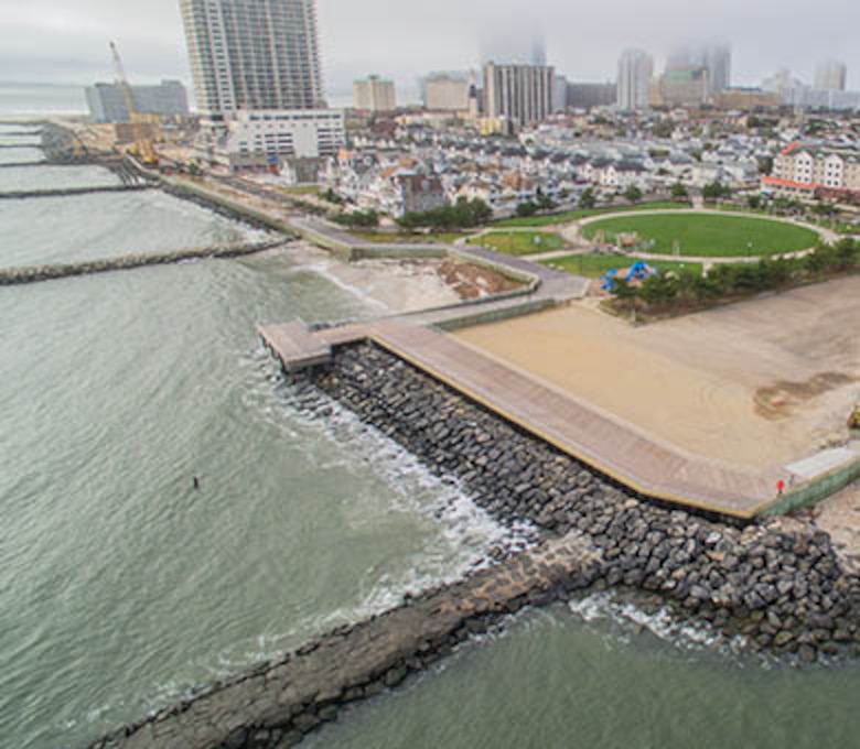 The U.S. Army Corps of Engineers and its contractor J. Fletcher Creamer & Son completed the Absecon Inlet seawall and boardwalk project in April of 2018. Work involved building the seawall along two previously unprotected sections of the Atlantic City shoreline and rebuilding the historic boardwalk behind those two sections.