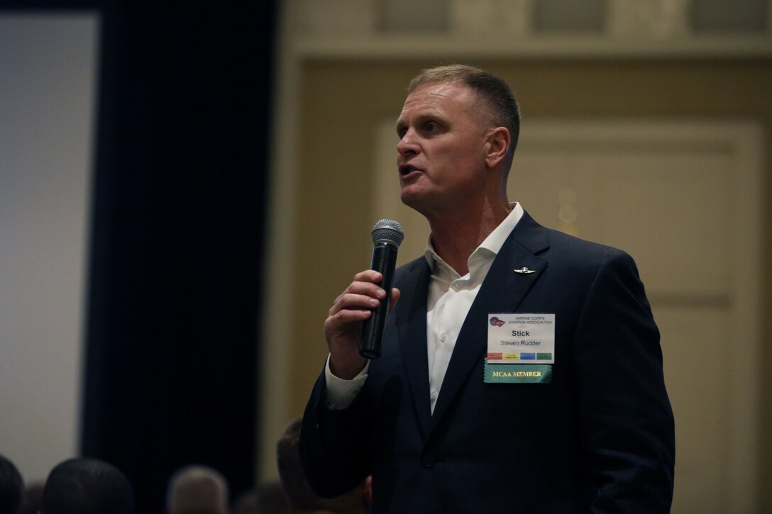 Lt. Gen. Steven Rudder, deputy commandant for aviation, Headquarters Marine Corps, addresses attendees of the 47th Annual Marine Corps Aviation Association Symposium and Marine Aviation Summit in San Diego, May 15. Hundreds of Naval aviators attended the opening brief of the aviation symposium, a weeklong event in which senior leaders gather to discuss the future of Marine Corps aviation and how to achieve its set goals. (U.S. Marine Corps photo by Lance Cpl. Mark A. Lowe II/Released)