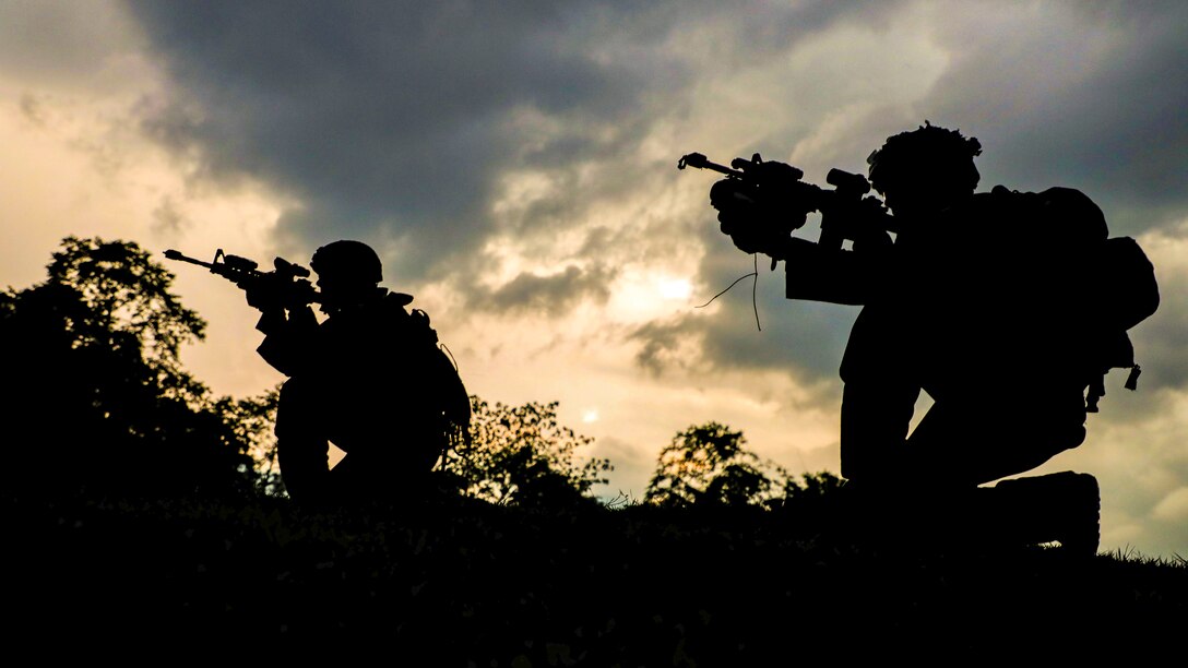 Two soldiers, shown in silhouette, kneel and point weapons amid foliage outside.