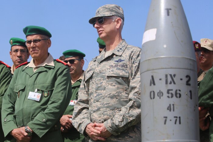 U.S and Moroccan troops stand together in Morocco.