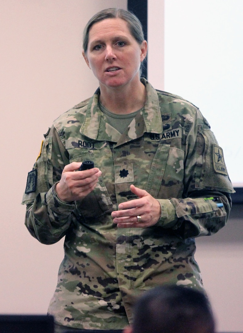 Lt. Col. Sara Root, chief of the Army’s Military Justice Legislation Training Team, assigned to office of The Judge Advocate Genera -criminal law division, briefs commanders and first sergeants May 5-6 on the changes to the Uniformed Code of Military Justice inside the Roc Drill Facility at Joint Base San Antonio-Fort Sam Houston. During the two-day course, attendees learned about the Military Justice Act of 2016, which will take effect Jan. 1, 2019.