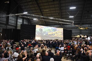 The B-17F Memphis Belle is unveiled during a private ceremony on May 16, 2018.