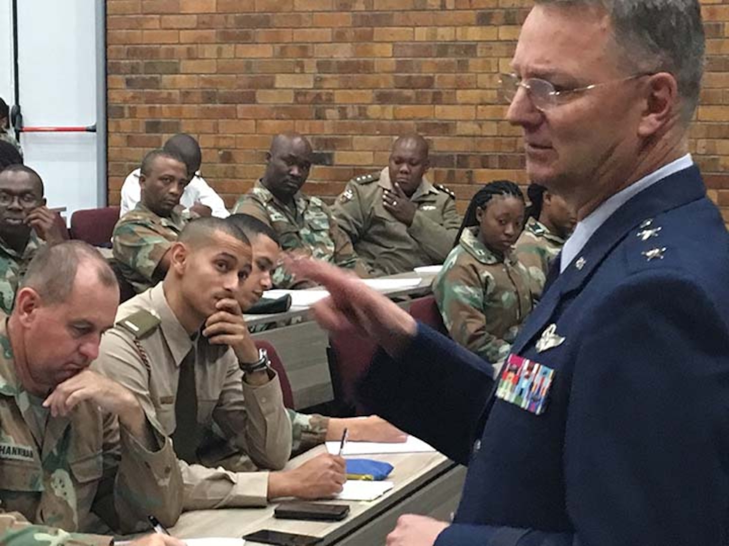 Major General Anthony German, the adjutant general of New York, meets with cadets at the Military Academy of South Africa in Saldanha,  Western Cape Province, South Africa on May 8, 2018. German was speaking at the Academy as part of an exchange program executed as part of the New York National Guard State Partnership Program relationship with the South African National Defense Force.