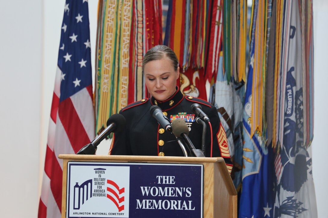 Master Sgt. Meghann Viggiani delivers a speech on behalf of the five servicewomen recognized at the Women in the Military Wreath Laying Ceremony, sponsored by the Congressional Caucus for Women’s Issues, Arlington, Virginia, May 17, 2018. Viggiani, recognized for her courage and professional achievements, is the logistics chief at Marine Barracks Washington, and was the Marine Corps’ outstanding senior female noncommissioned officer at the event. The annual ceremony, which was held at the Women in Military Service for America Memorial, honors women across all branches of military services.