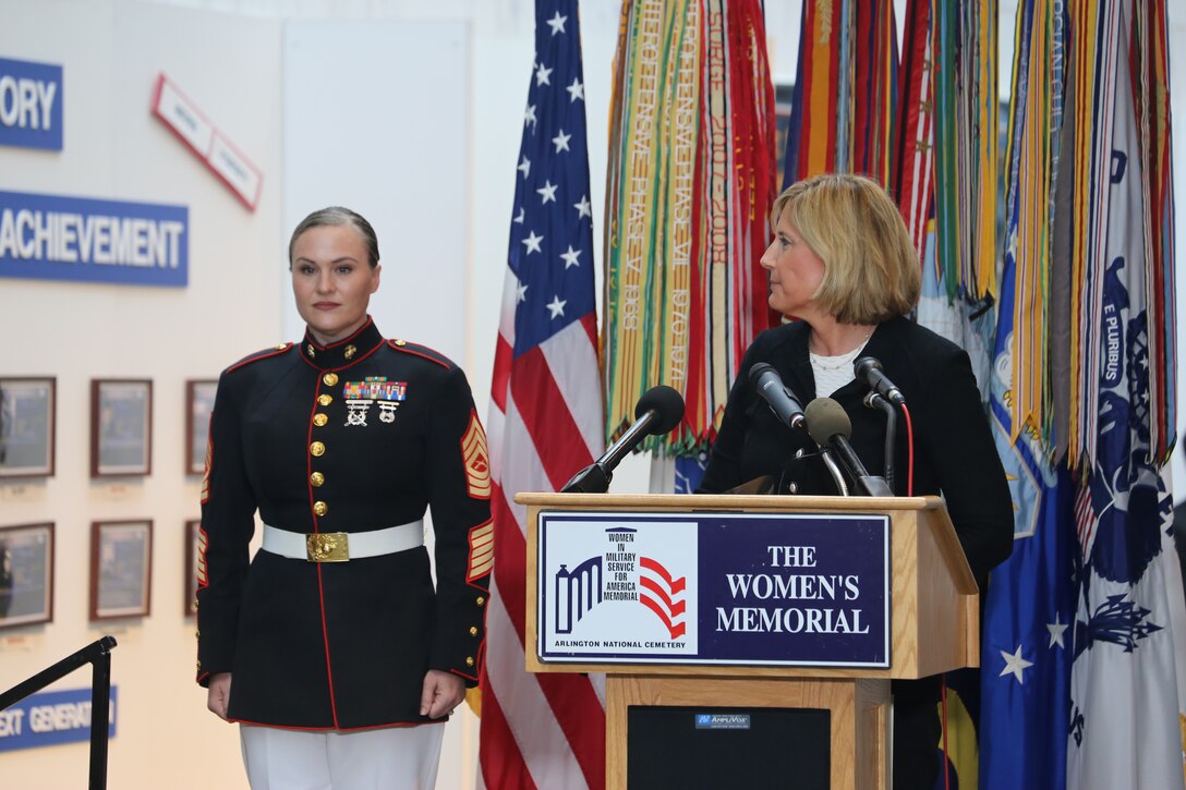 Viggiani, recognized for her courage and professional achievements, is the logistics chief at Marine Barracks Washington, and was the Marine Corps’ outstanding senior female noncommissioned officer at the event. The annual ceremony, which was held at the Women in Military Service for America Memorial, honors women across all branches of military services.