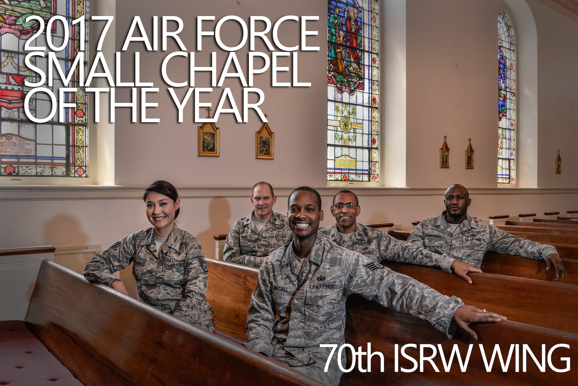 The 70th Intelligence, Surveillance and Reconnaissance Wing chaplain’s office pose for a group photo May 3, 2018, at Fort George G. Meade, Maryland, after being named the 2017 Air Force Best Small Chapel. With a long list of accomplishments throughout the year, this team of five put in the care and effort to strengthen the spiritual pillar of the 70th ISRW’s human weapon system, not just at Fort Meade, but at all of the wing’s  Geographically Separated Units around the world. (U.S. Air Force photo by Staff Sgt. Alexandre Montes)