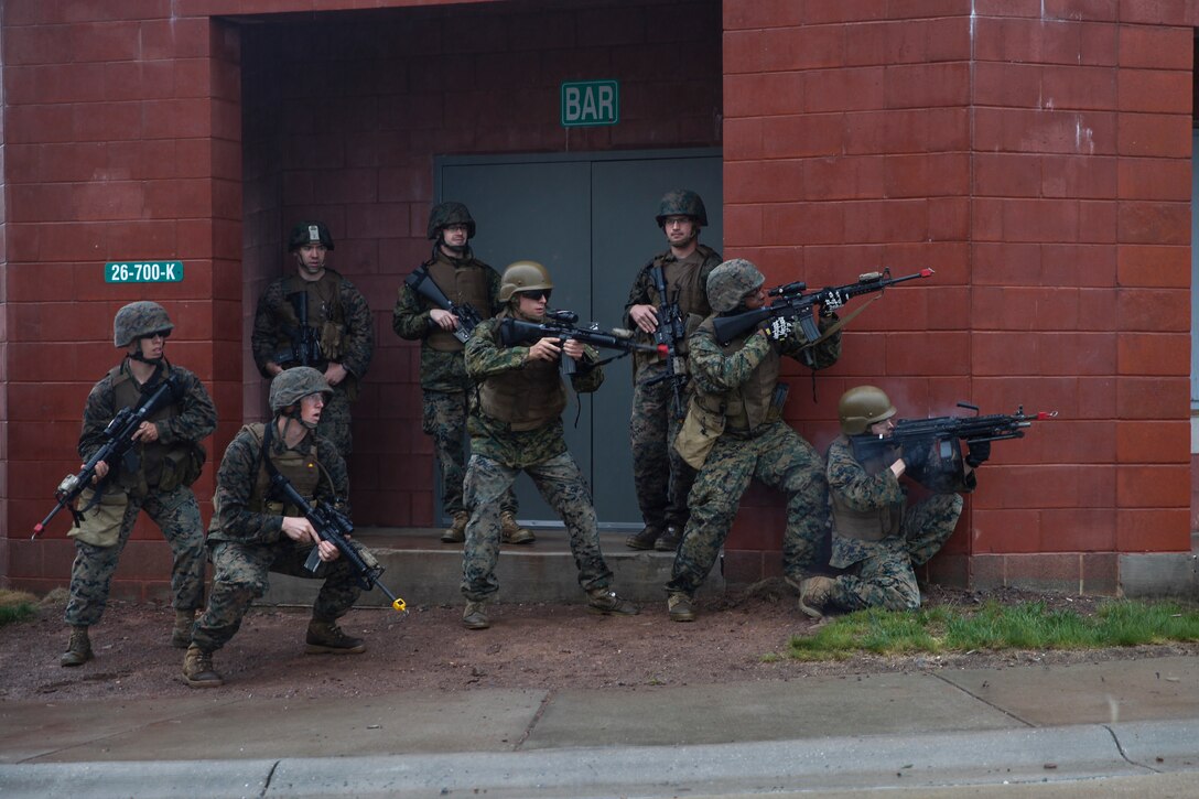 U.S. Marines with 6th Engineer Support Battalion, 4th Marine Logistics Group, and British commando’s with 131 Commando Squadron Royal Engineers, British Army, practice clearing a village at the military operations on urbanized terrain, or MOUT structure, during exercise Red Dagger at Fort Indiantown Gap, Pa., May 16, 2018.