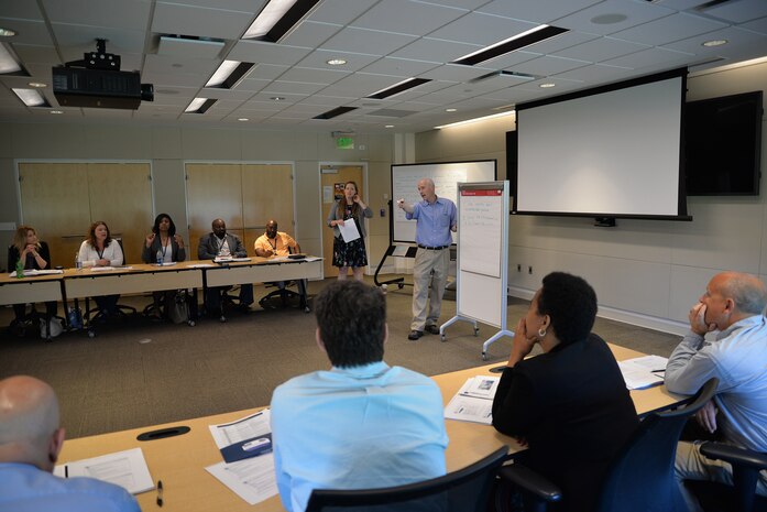 Employees from Naval Sea Systems Command "swarm" a problem to come up with a solution during the high-velocity learning (HVL) summit at Naval Surface Warfare Center, Carderock Division, May 15, 2018, in West Bethesda, Md.