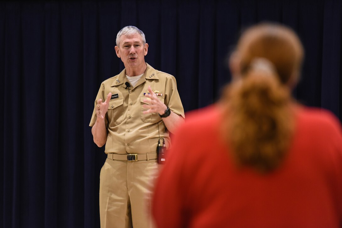 Vice Adm. Thomas Moore, commander of Naval Sea Systems Command, answers a question during the high-velocity learning (HVL) summit at Naval Surface Warfare Center, Carderock Division, May 15, 2018, in West Bethesda, Md.
