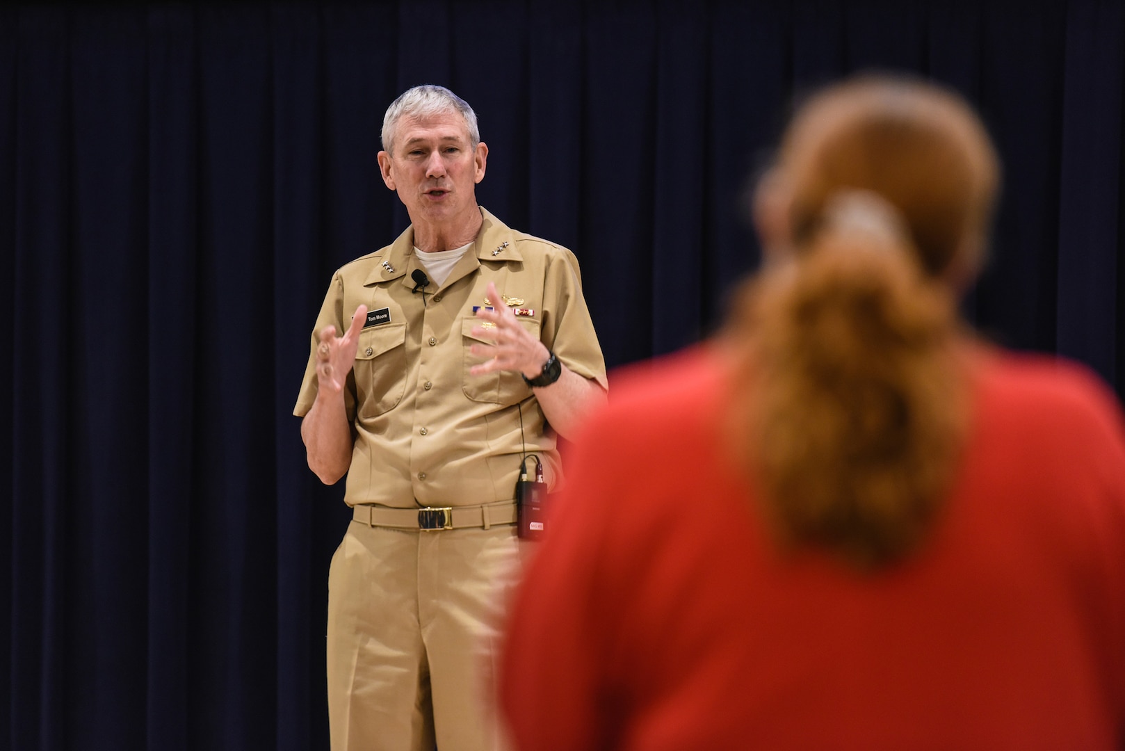 Vice Adm. Thomas Moore, commander of Naval Sea Systems Command, answers a question during the high-velocity learning (HVL) summit at Naval Surface Warfare Center, Carderock Division, May 15, 2018, in West Bethesda, Md.