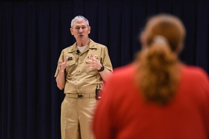 Vice Adm. Thomas Moore, commander of Naval Sea Systems Command, answers a question during the high-velocity learning (HVL) summit at Naval Surface Warfare Center, Carderock Division, May 15, 2018, in West Bethesda, Md.