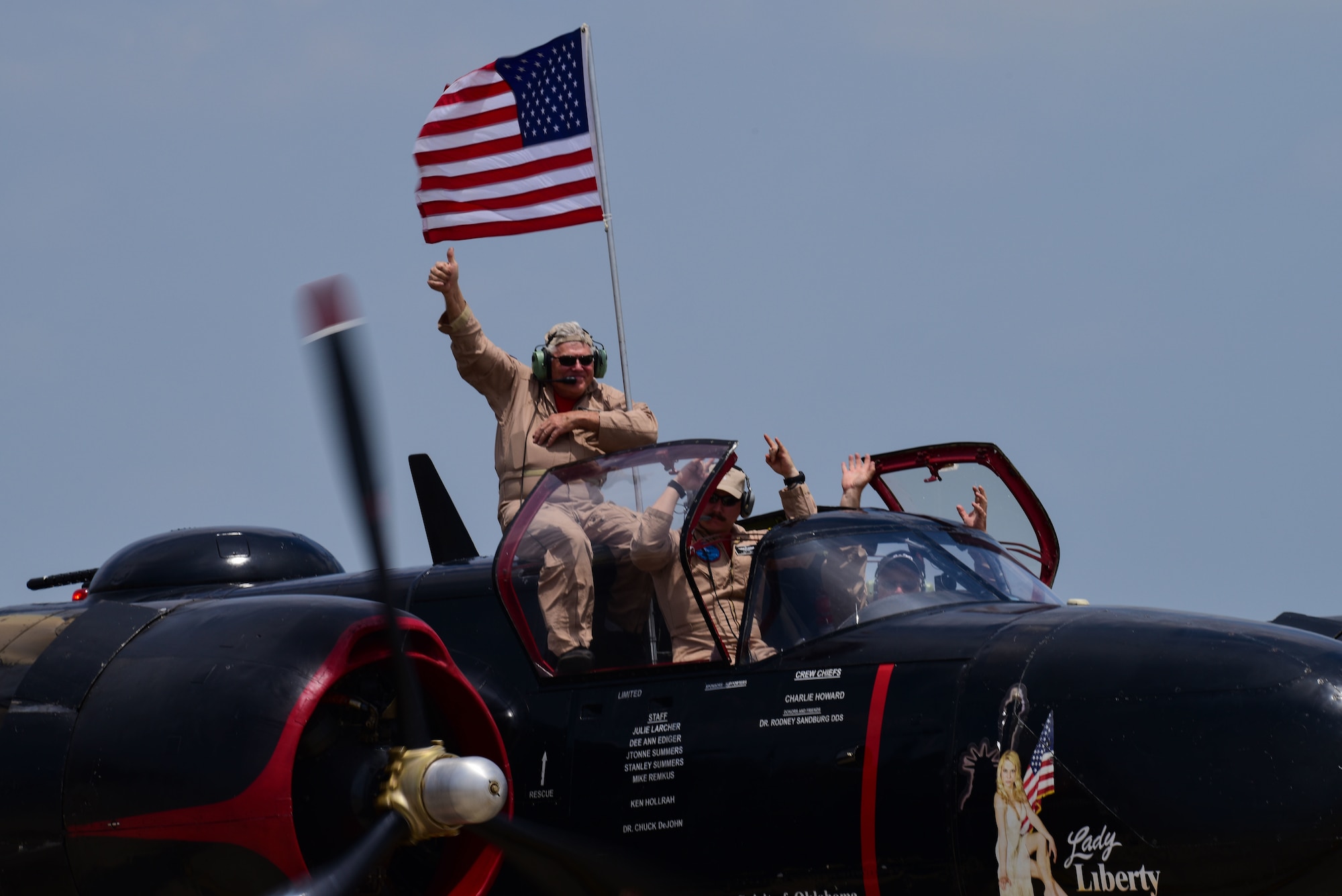 A performer at Laughlin’s Open House and Air Show, “Fiesta of Flight,” gives a thumbs-up the crowd as he taxis down the runway May 12, 2018. The airshow was visited by flyovers, performers and static displays from numerous bases. (U.S. Air Force photo by Airman 1st Class Marco A. Gomez)