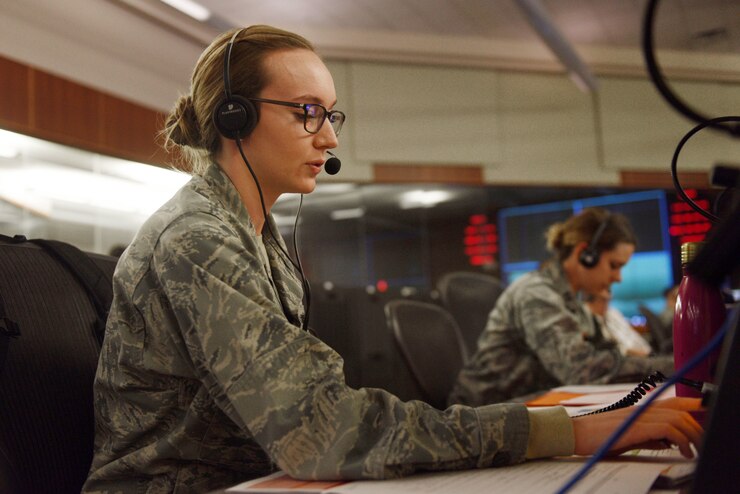 U.S. Air Force 1st Lt. Jeanne Nolan, 2nd Range Operations Squadron lead range operations controller, collects data during the InSight mission on May 5, 2018, Vandenberg Air Force Base, Calif. From prelaunch planning to the launch window of the InSight mission, a majority of the key players and leadership roles were filled by the women of Vandenberg. (U.S. Air Force photo by Tech. Sgt. Jim Araos/Released)