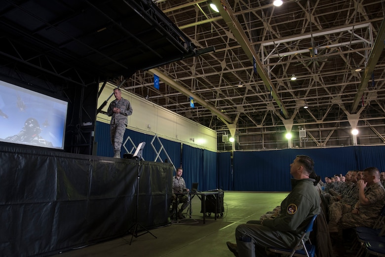 U.S. Air Force Gen. Terrence J. O’Shaughnessy, Pacific Air Forces (PACAF) commander, addresses Team Misawa service members, emphasizing that the nation’s greatest enduring strength is the creativity and talent of the American warfighter, during a commander’s call at Misawa Air Base, Japan, May 11, 2018. The general highlighted the strategic importance of the Indo-Pacific region, the great strides PACAF has made and specifically highlighted contributions of Misawa Airmen. (U.S. Air Force photo by Senior Airman Sadie Colbert)