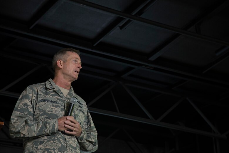 U.S. Air Force Gen. Terrence J. O’Shaughnessy, Pacific Air Forces (PACAF) commander, addresses Team Misawa service members, emphasizing that the nation’s greatest enduring strength is the creativity and talent of the American warfighter, during a commander’s call at Misawa Air Base, Japan, May 11, 2018. The general highlighted the strategic importance of the Indo-Pacific region, the great strides PACAF has made and specifically highlighted contributions of Misawa Airmen. (U.S. Air Force photo by Senior Airman Sadie Colbert)