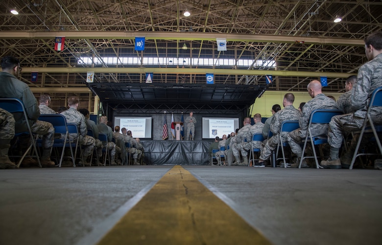 Service members listen as U.S. Air Force Gen. Terrence J. O’Shaughnessy, Pacific Air Forces commander, shares insight into his command’s vision, mission and goals for the future at Misawa Air Base, Japan, May 11, 2018. O’Shaughnessy thanked them for their efforts, which are vital role to regional security and stability. (U.S. Air Force photo by Senior Airman Sadie Colbert)