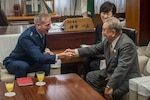 U.S. Air Force Gen. Terrence J. O’Shaughnessy, left, Pacific Air Forces (PACAF) commander, shakes hands with Misawa City Mayor Kazumasa Taneichi, right, during a visit to Misawa Air Base, Japan, at the city office in Misawa City, Japan, May 10, 2018. The general reassured Taneichi of PACAF’s commitment to Misawa, recalling his time as commander and the ‘two cultures--one community’ approach to life in Misawa, which remains in existence today. O’Shaughnessy said strengthening the command’s alliances and partnerships is a strategic priority. He added that PACAF’s goal is to facilitate enhanced security cooperation and interoperability among allied nations across the Indo-Pacific region. (U.S. Air Force photo by Tech. Sgt. Benjamin W. Stratton)