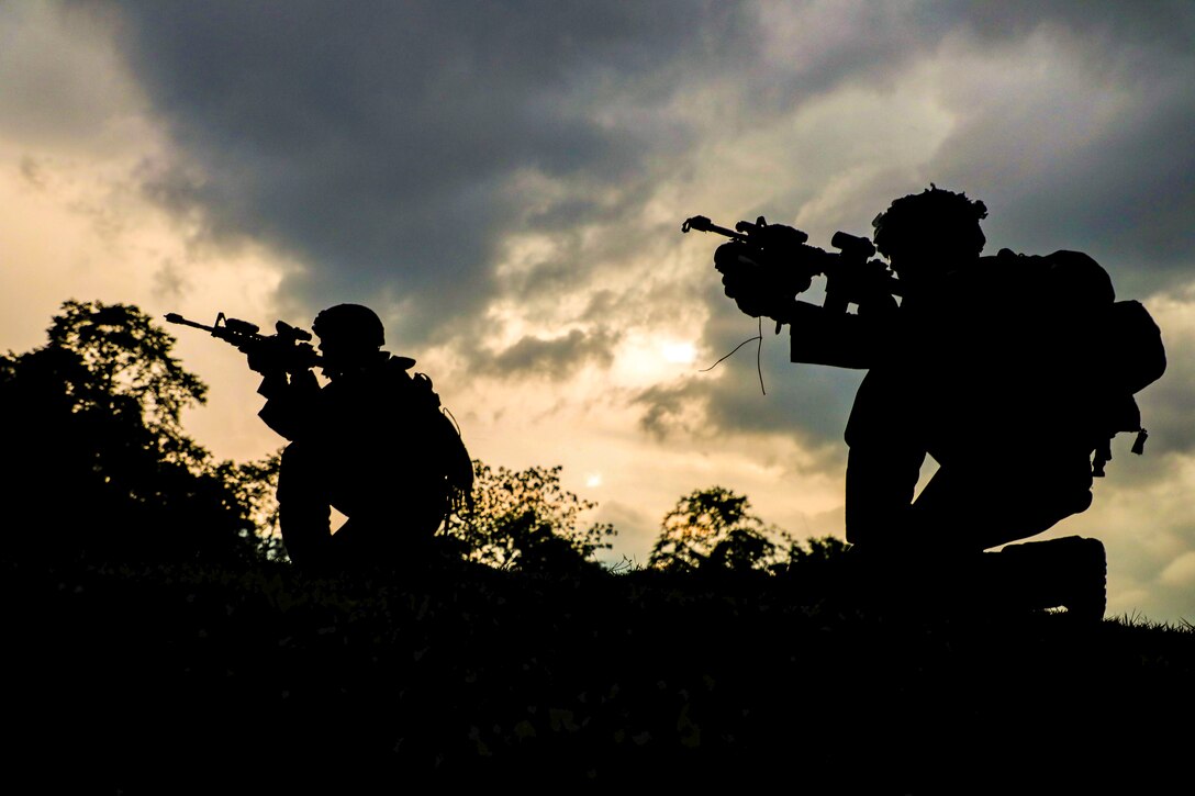 Two soldiers, shown in silhouette, kneel and point weapons amid foliage outside.