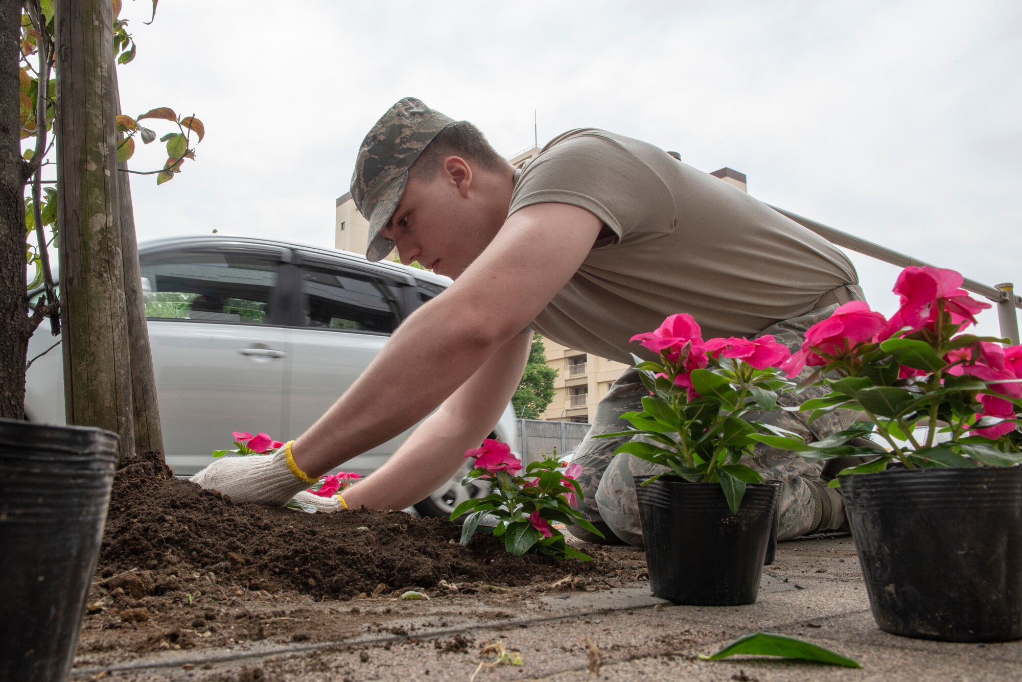 Airman 1st Class Hunter Lobb, 374th Communications Squadron Operations Flight client systems technician apprentice, plants a flower for the Fussa Beautification Project outside of Yokota Air Base, Japan in Fussa May 17, 2018.