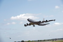 A U.S. Air Force KC-135 Stratotanker takes off from RAF Mildenhall, May 17, 2018. The 100th Air Refueling Wing hosted the European Tanker Symposium, which has been held annually since 2012. (U.S. Air Force photo by Senior Airman Christine Groening)